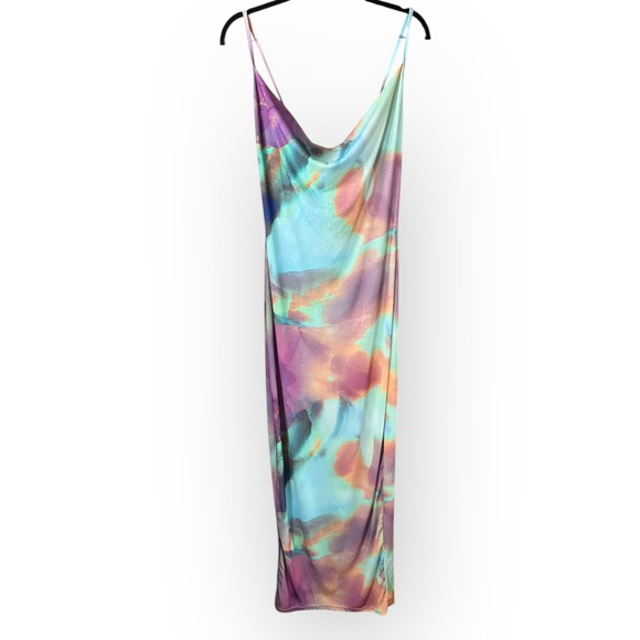 PrettyLittleThing Maternity Maxi Dress Purple Watercolor Cowl Neck US 4 - Picture 1 of 4